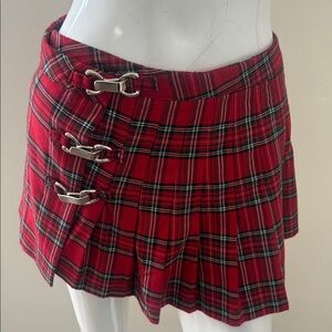 Vintage 90s Y2K Rave Brand Red Plaid Pleated Punk Mini Skirt w Buckle Details